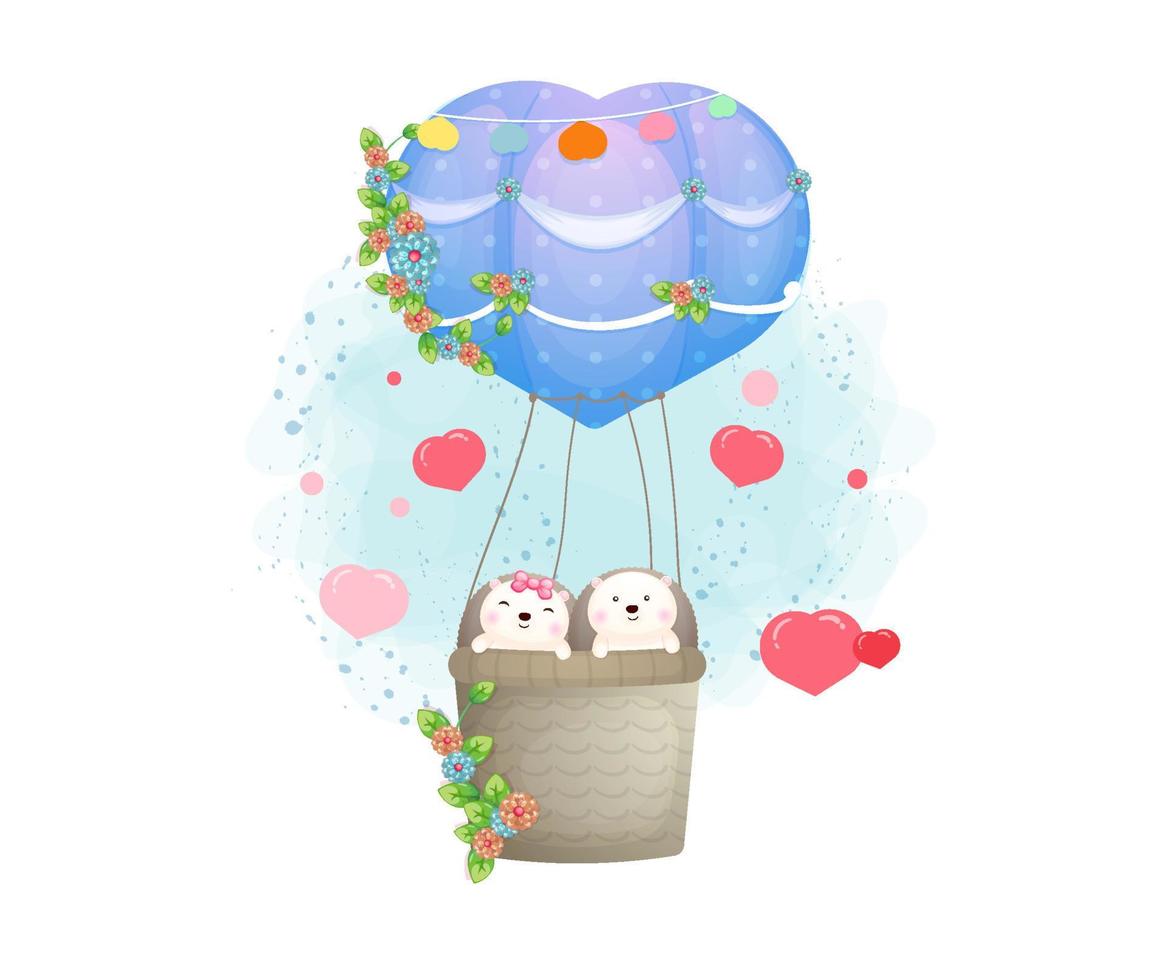 schattig egelpaar dat met gradiëntluchtballon vliegt. schattig dier dat in de lucht vliegt vector