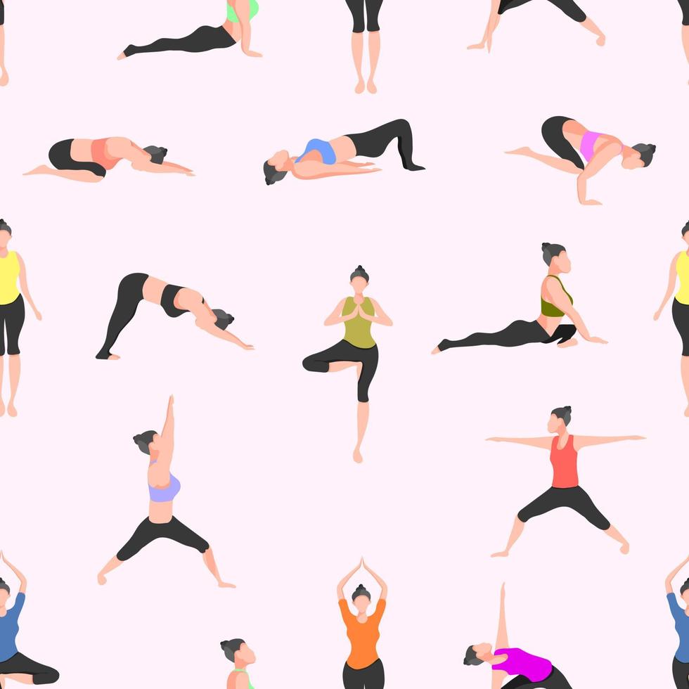 patroon naadloze set van yoga. vrouwelijke pose berg neerwaartse hond krijger boom brug driehoek cobra duif kraai. vector illustratie eps10