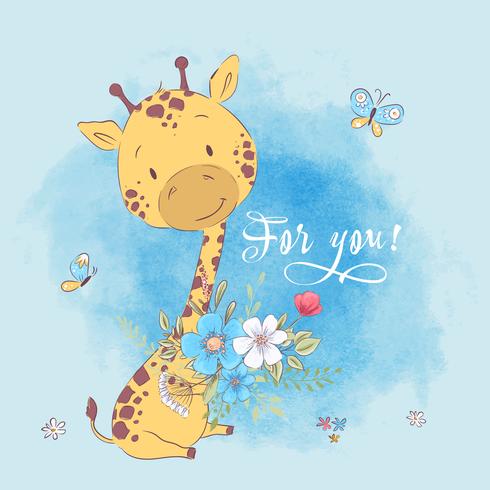 Leuke giraffebloemen en vlinders van de affiche. Handtekening. Vector illustratie cartoon stijl