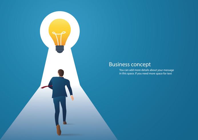 infographic bedrijfsconceptenillustratie van een zakenman die sleutelgat met helder licht lopen vector