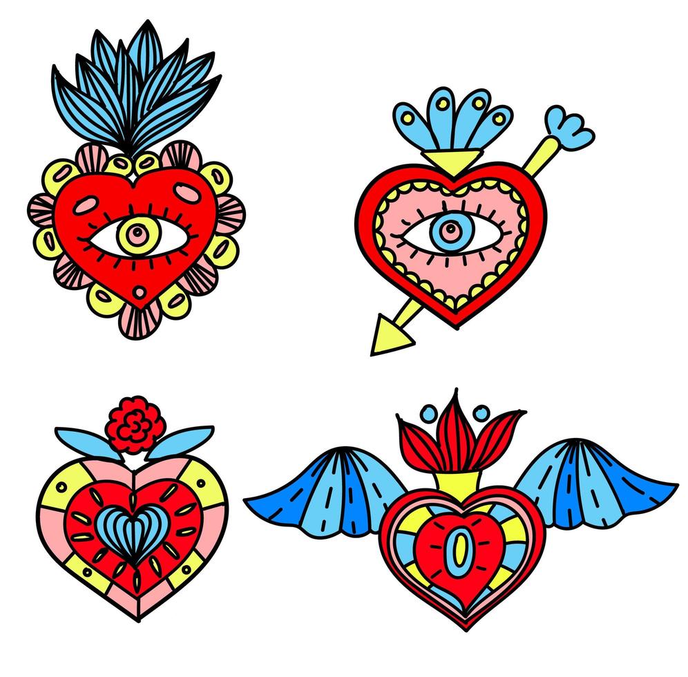 set van heilige Mexicaanse harten. doodle stijl vector