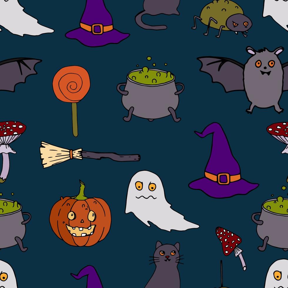 halloween vector naadloze patroon. spook, bezem, kat, vleermuis, hoed achtergrond. vakantie kleurrijke textuur voor verpakking, behang, textiel, scrapbooking. handgetekende vectorillustratie in doodle-stijl