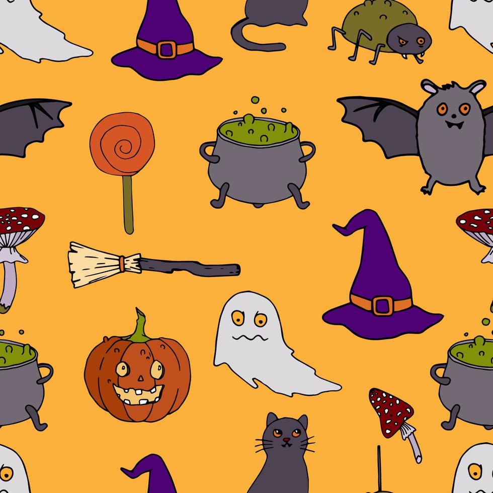 halloween vector naadloze patroon. spook, bezem, kat, vleermuis, hoed achtergrond. vakantie kleurrijke textuur voor verpakking, behang, textiel, scrapbooking. handgetekende vectorillustratie in doodle-stijl