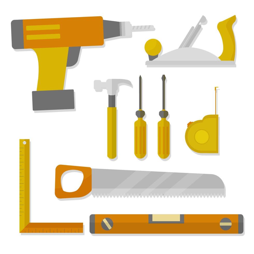 collectie van timmerman tools, apparatuur geïsoleerd op een witte achtergrond voorraad vectorillustratie. objecten in gele en oranje kleuren. ontwerp van assortiment vector