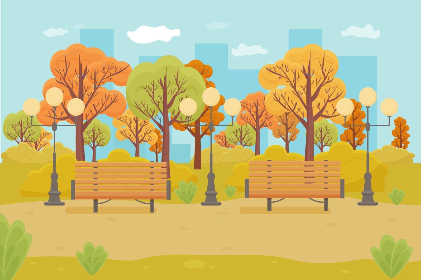 herfst stadspark, landschap. bank en lantaarn en veel bomen vallen. buiten landschap voorraad vectorillustratie. vector illustratie