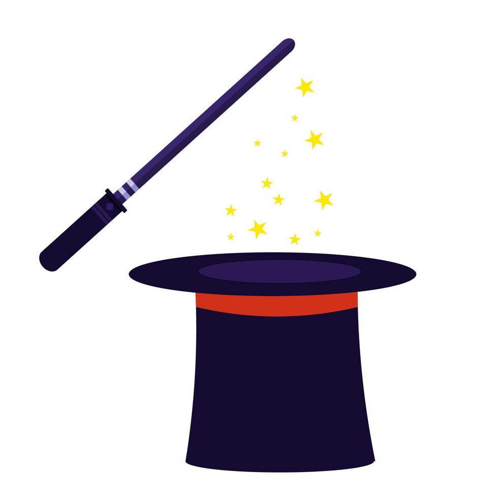 magische hoed en wizard stick geïsoleerd op een witte achtergrond voorraad vectorillustratie. magische, illusionistische show, uitvoering. grafisch object, clipart. vector