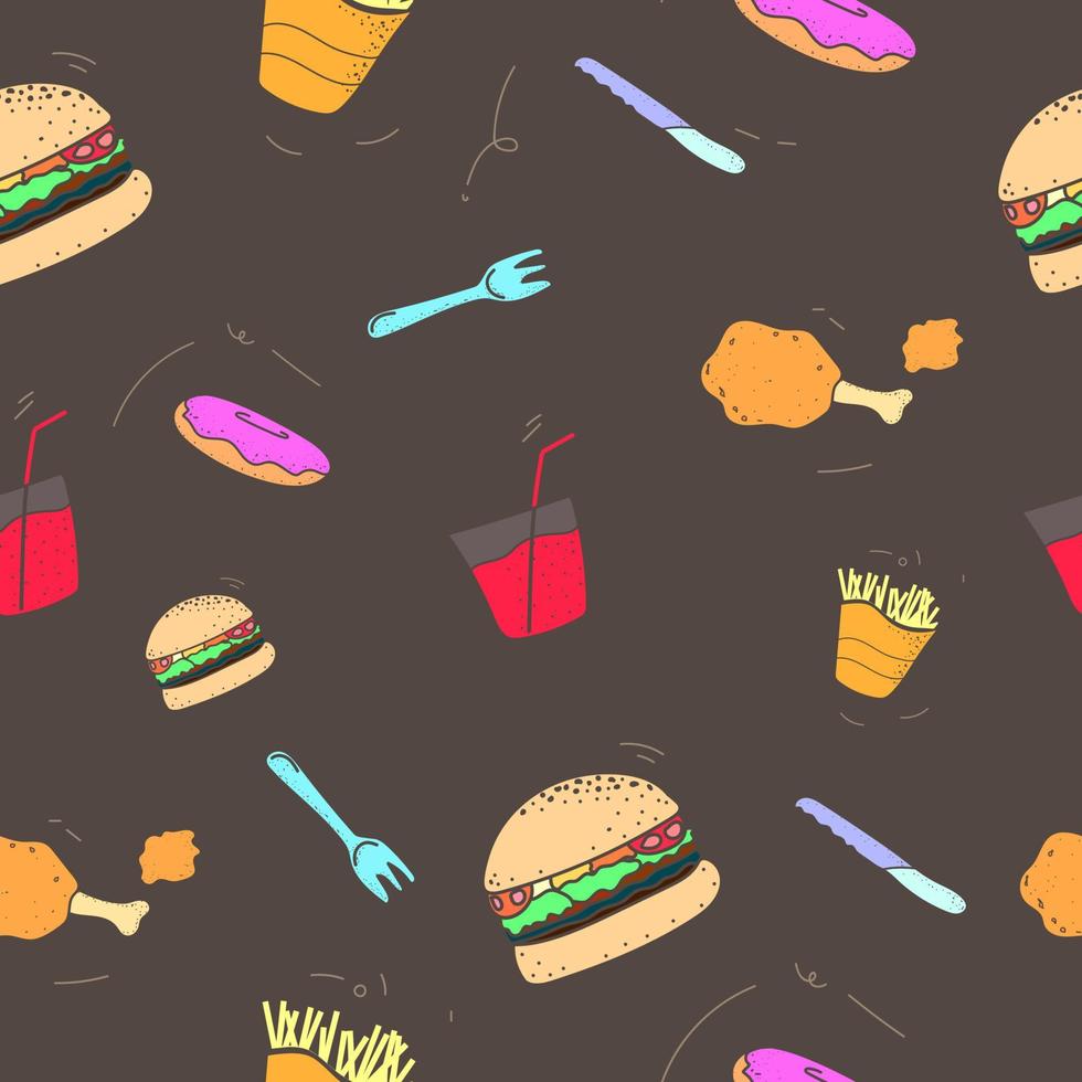 patroon naadloze set van fast food en drink. geen lijnvorm platte pastelkleur ontwerpstijl. vector illustratie eps10