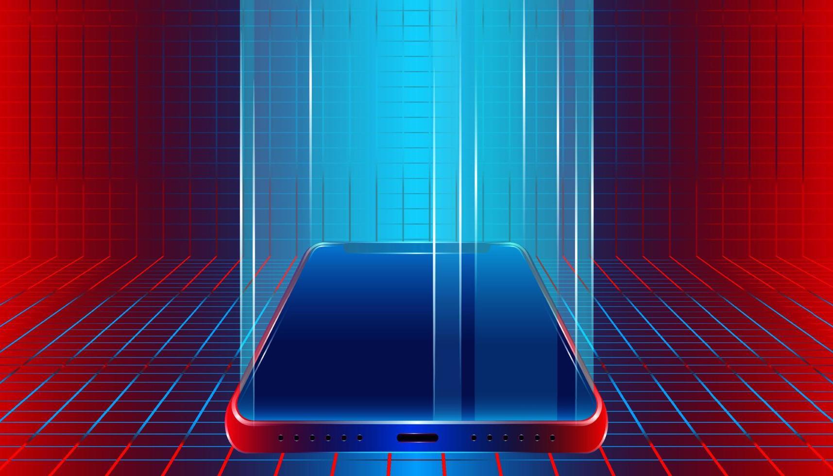 futuristische luxe smartphoneverlichting voor de show of display van uw product en artikelen. mobiel leeg standontwerp met kleurrijke achtergrondstijl van de geruite industrie. vector illustratie eps10