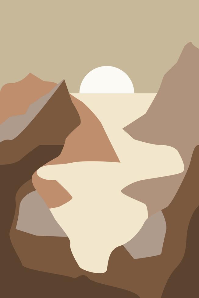 minimaal landschap met bergen bij de zonsondergang. artistieke moderne vectorillustratie voor wand decor, t-shirt print, sociale media achtergrond etc vector