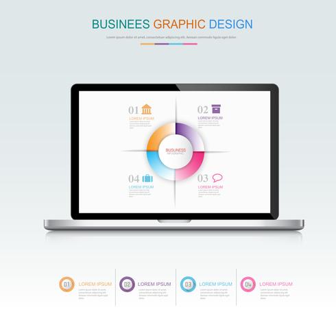 Computerlaptop met zaken infographic op het scherm, 3d en vlakke vectorontwerpillustratie voor gebruikte Webbanner of presentatie vector