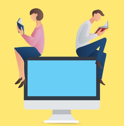 man en vrouw lezen boek zittend op een computer vectorillustratie vector
