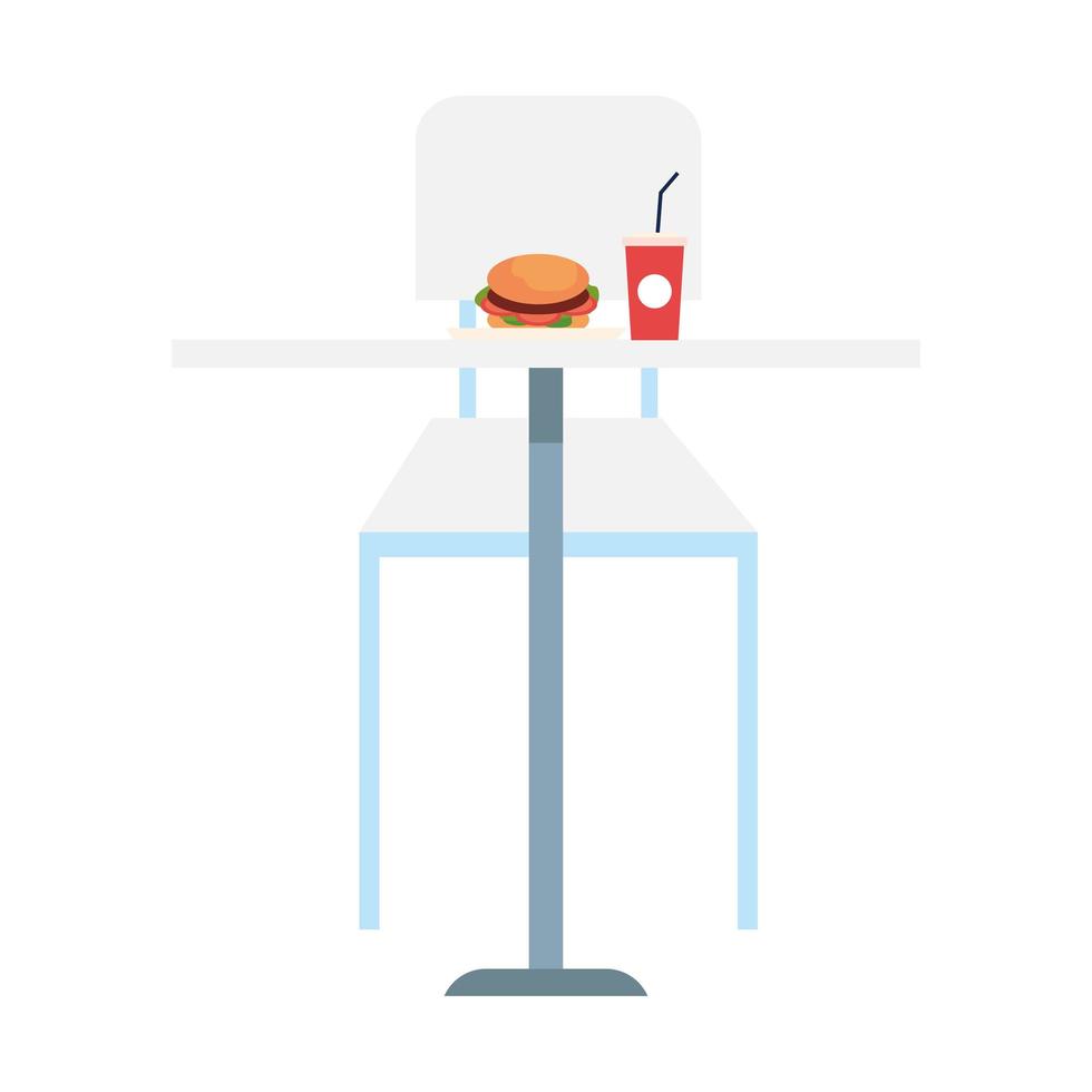 hamburger met drank in tafel, met stoelmeubels, op witte achtergrond vector