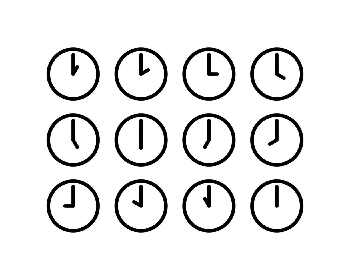 tijd en klok vector lineaire pictogrammen instellen. tijdsbeheer. timer, snelheid, alarm, herstel, tijdbeheer, kalender en meer. geïsoleerde verzameling van tijd voor websites pictogram op witte achtergrond.
