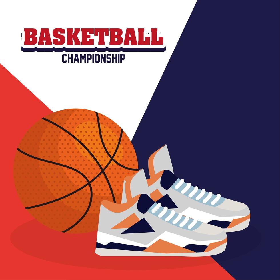 basketbalkampioenschap, embleem, ontwerp met basketbalbal en sneakerschoenen vector