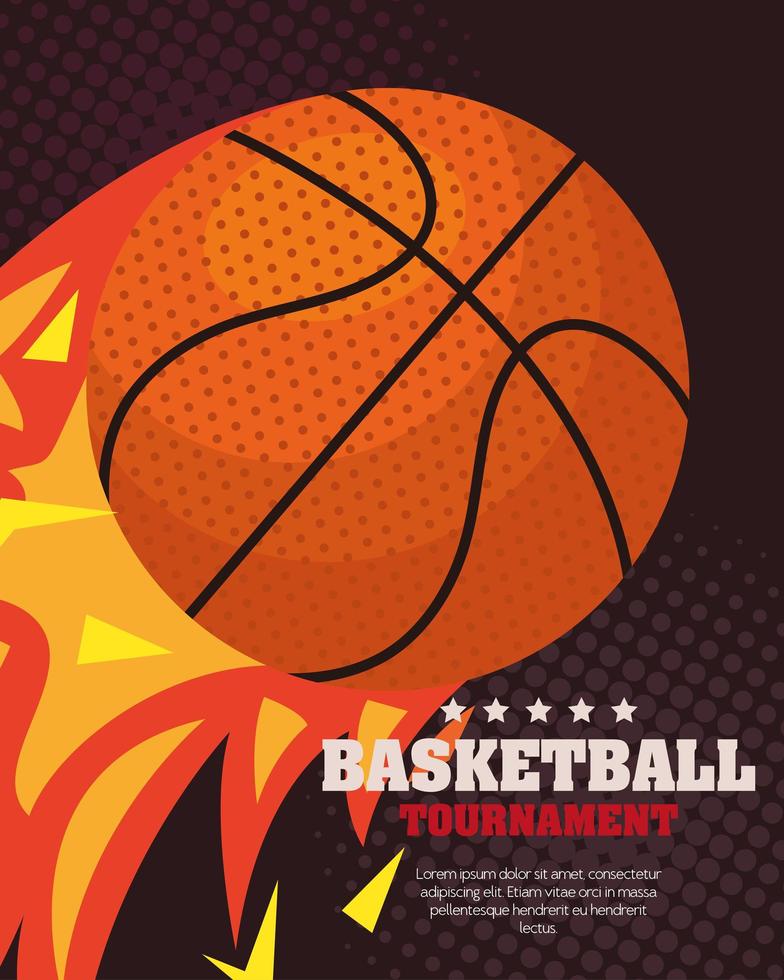 basketbaltoernooi, embleem, ontwerp met bal van basketbal in vlammend vector