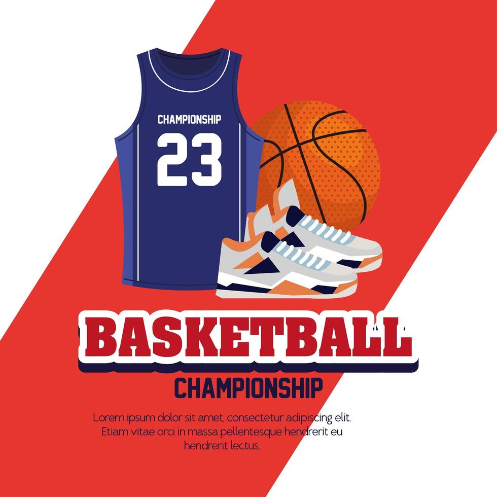 basketbalkampioenschap, embleem, ontwerp met basketbalbal, sneaker en tanktop vector