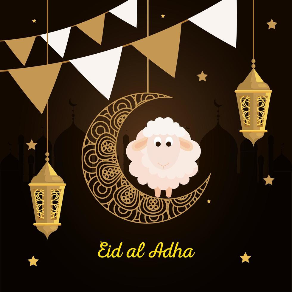 eid al adha mubarak, gelukkig offerfeest, schapen, maan, sterren, lantaarns en slingers hangen vector