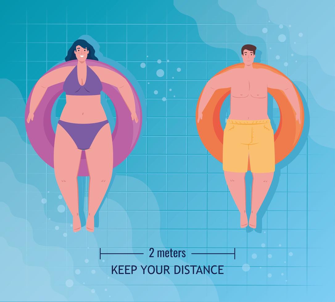 sociale afstand op het zwembad, paar in badmeester-vlottercirkel, nieuw normaal zomerconcept na coronavirus of covid 19 vector
