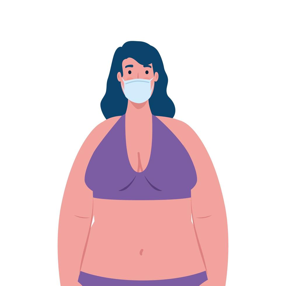 schattige mollige vrouw in zwempak paarse kleur, medisch masker dragen, covid 19 zomervakantie vector