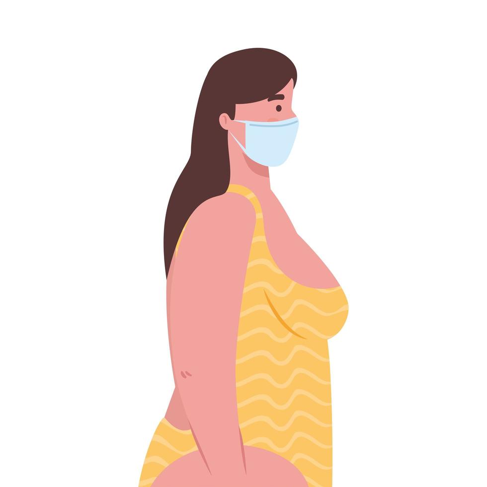 schattige mollige vrouw in gele kleur zwempak, met medisch masker, covid 19 zomervakantie vector