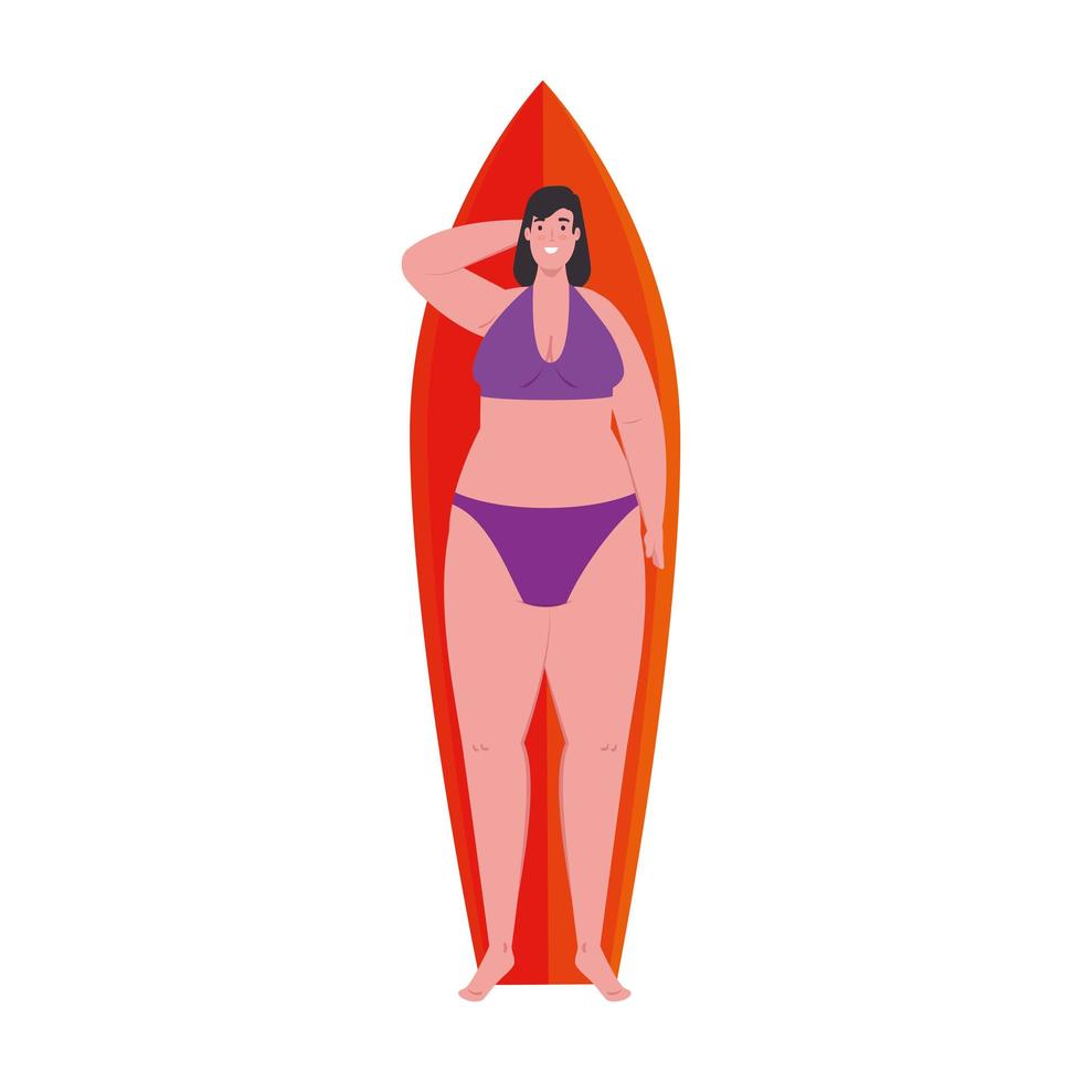 leuke mollige vrouw liggend op surfplank met zwembroek paarse kleur op witte achtergrond vector