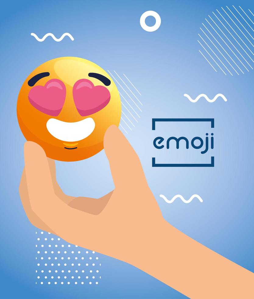 hand met emoji heerlijk, gezicht geel met hartjes in ogen, op blauwe achtergrond vector