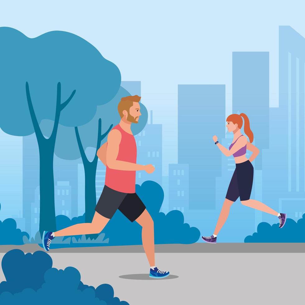 paar joggen, vrouw en man rennen in stadsgezicht, paar in sportkleding joggen vector