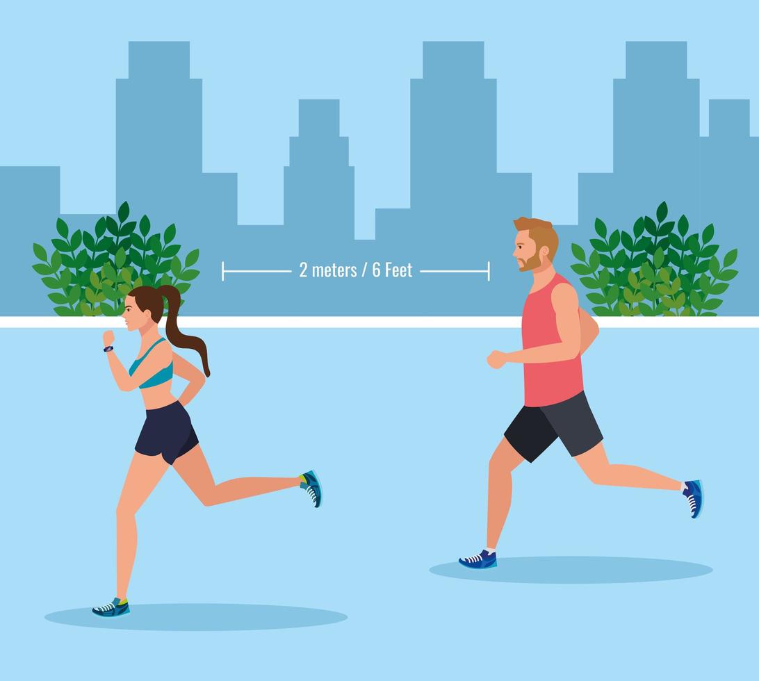 paar joggen en sociale afstand houden op coronavirus covid 19, dagelijkse lichaamsbeweging buiten vector