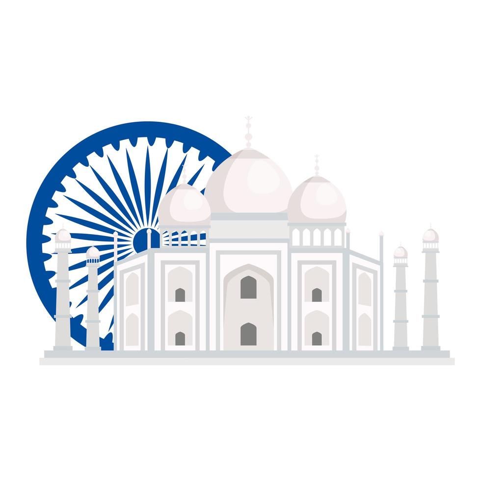 Taj Mahal, beroemd monument met blauw ashoka-wiel indisch symbool vector