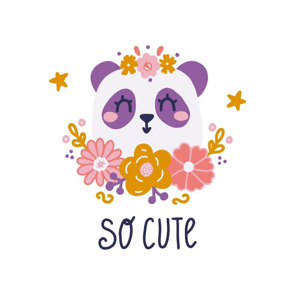 schattig panda gezicht met bloemen en hand belettering, platte vectorillustratie, kinderdagverblijf inrichting, ontwerp van ansichtkaarten, posters, print voor kleding vector