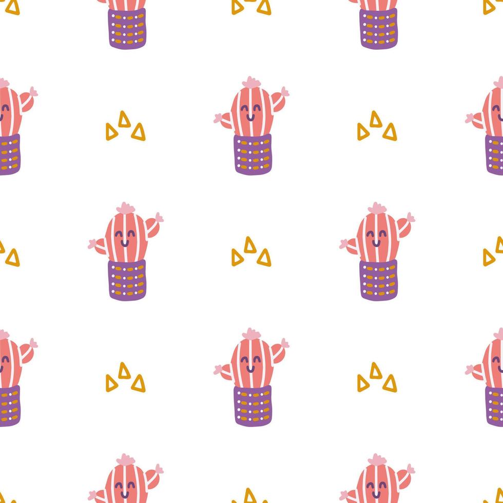 schattige cactus in pot, vector naadloos patroon in platte cartoonstijl op witte achtergrond