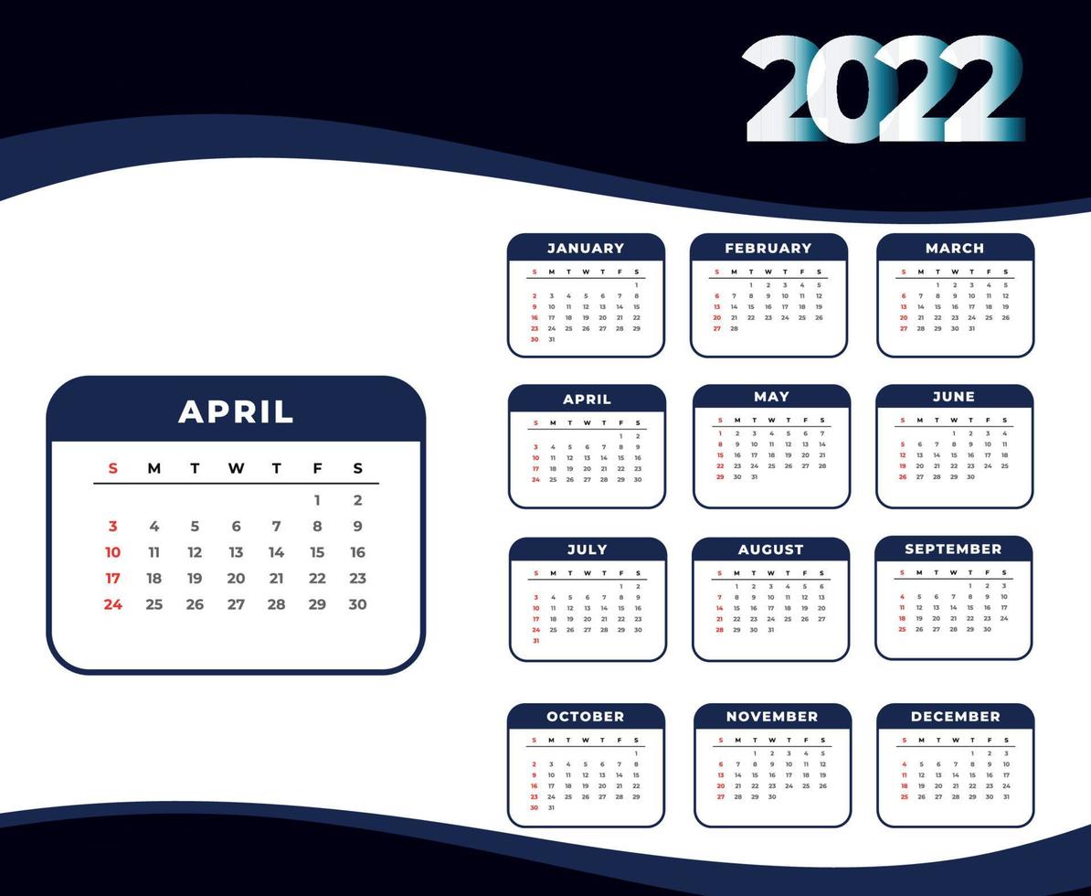 kalender 2022 april maand gelukkig nieuwjaar abstract ontwerp vectorillustratie wit en donkerblauw vector