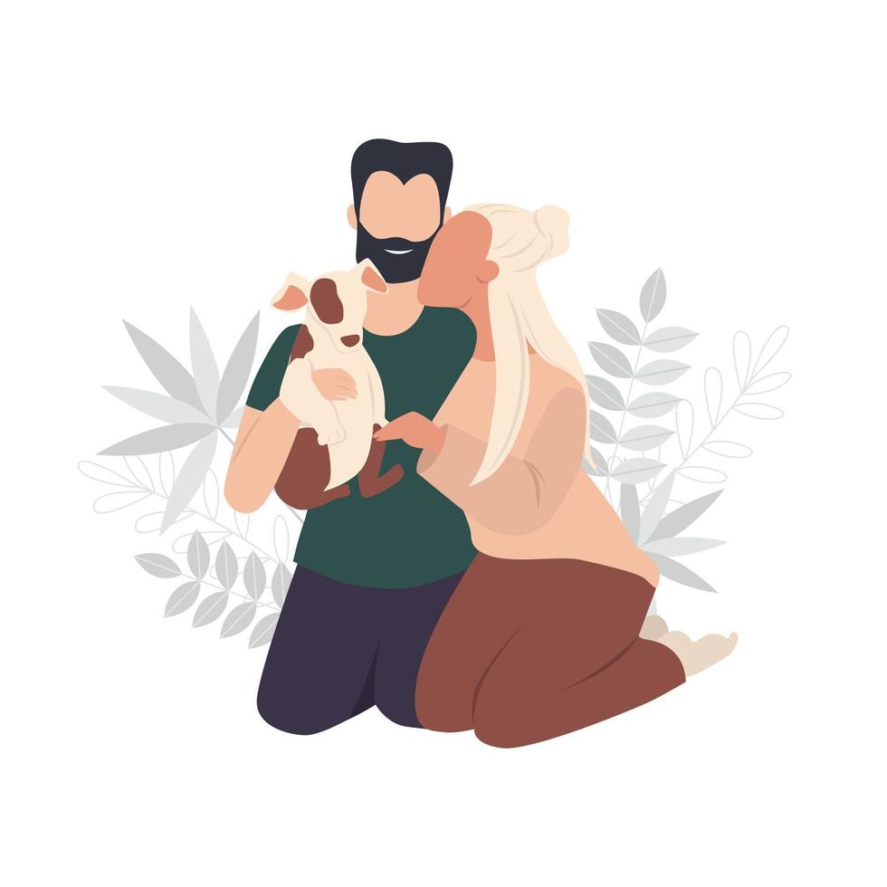 schattige familie knuffelen met hond vectorillustratie. vector