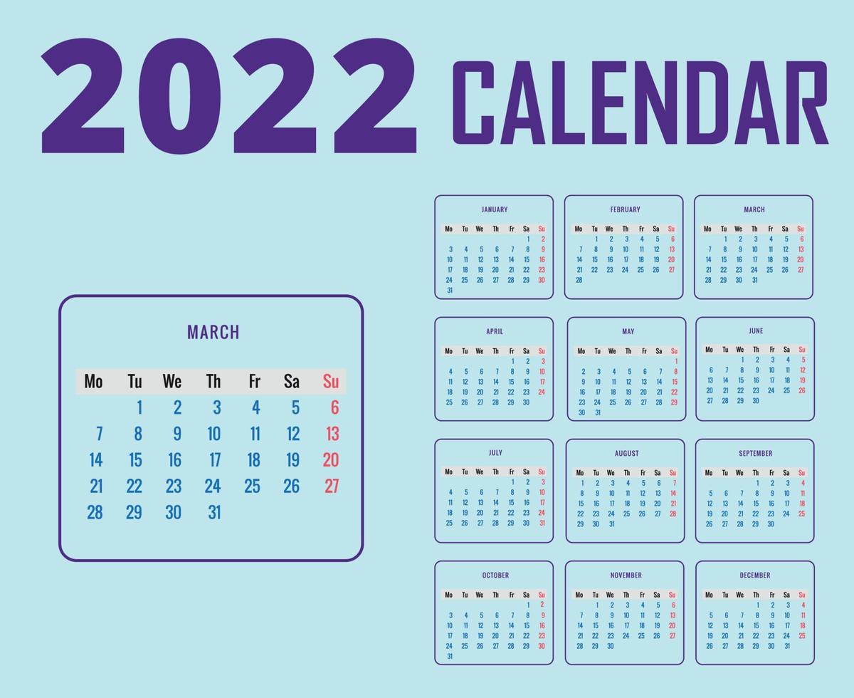 kalender 2022 maart maand gelukkig nieuwjaar abstract ontwerp vector illustratie paars met cyaan achtergrond