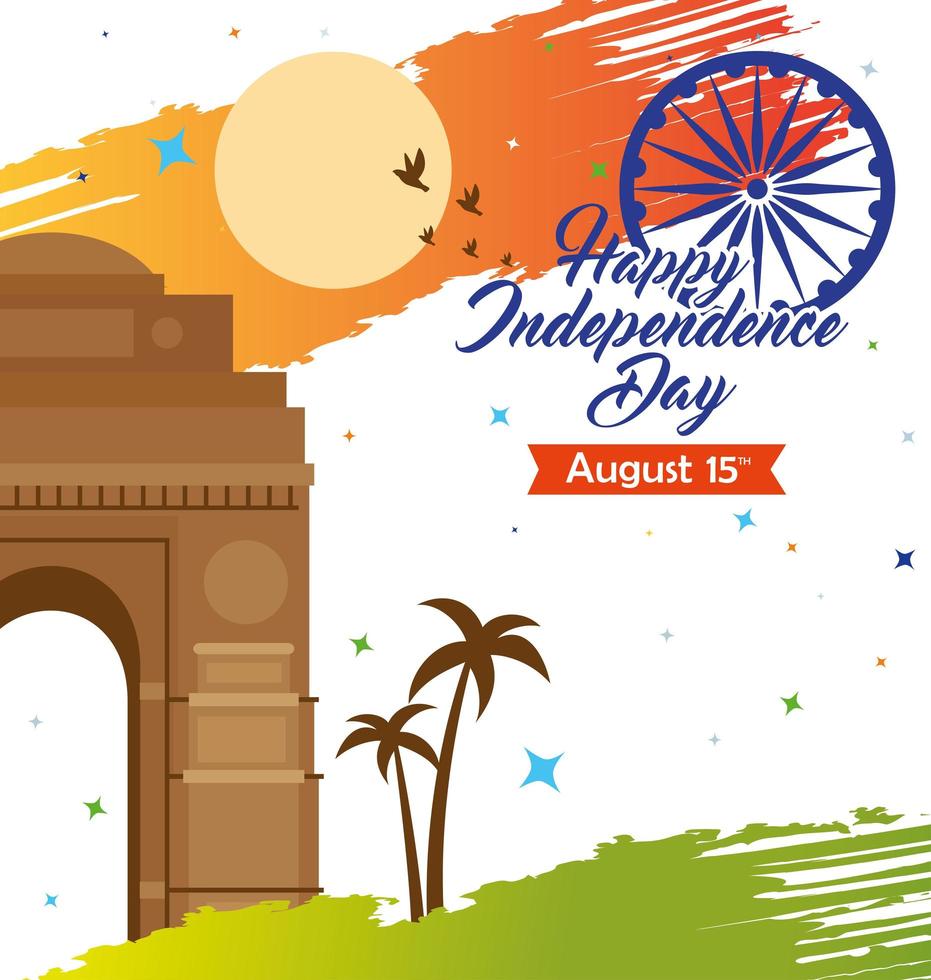 Indiase gelukkige onafhankelijkheidsdag, viering 15 augustus, met poortmonument en decoratie vector