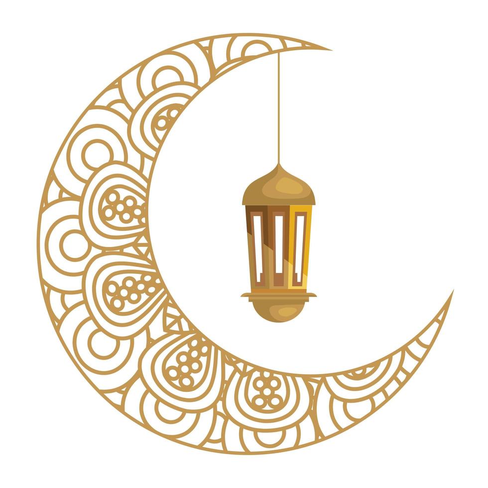 ramadan kareem-lantaarn die met wassende maan gouden op witte achtergrond hangen vector