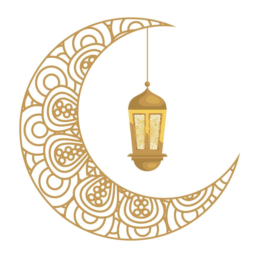 ramadan kareem-lantaarn die met wassende maan gouden op witte achtergrond hangen vector