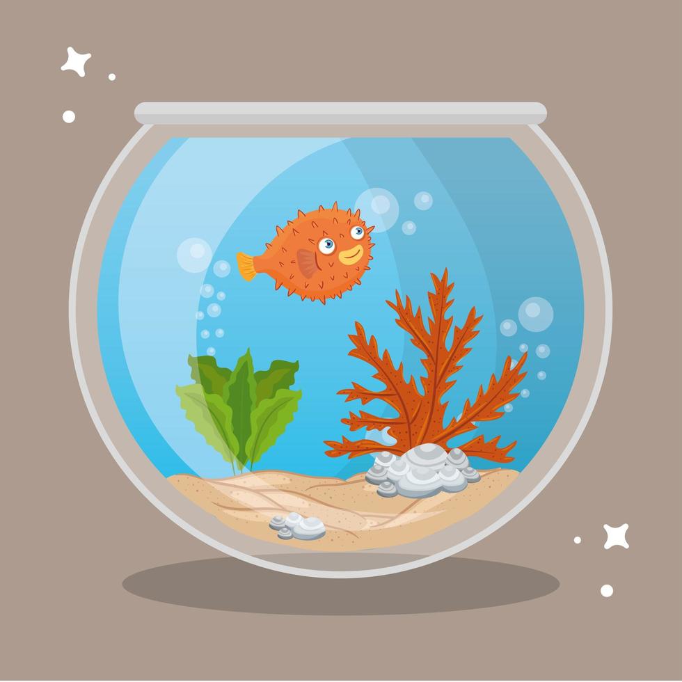 aquariumkogelvis met water, zeewier, aquariumdieren vector