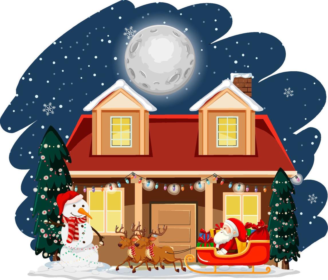 kerstman op slee voor huis bij nachtscène vector