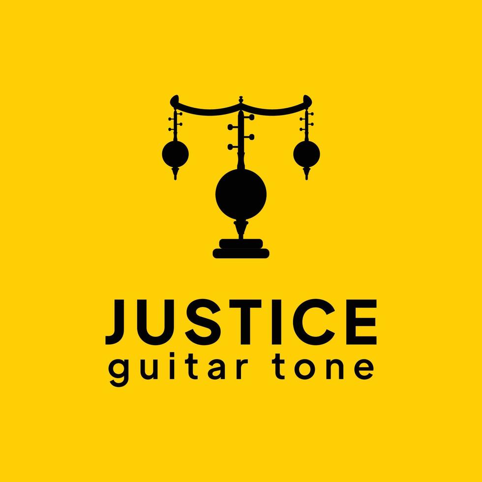 Justitie gitaar Toon trendy vector logo, met gele kleur achtergrond.