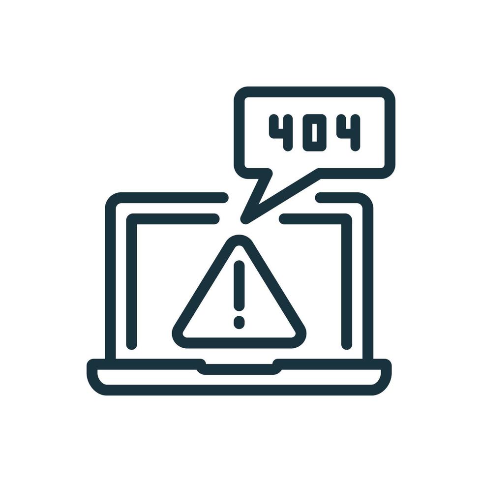 404-foutpaginapictogram. pagina niet gevonden lijnpictogram. laptop met waarschuwingsbord en fout 404. probleem internet verbinding concept. bestand niet gevonden en gebroken paginapictogram. vectorillustratie. vector