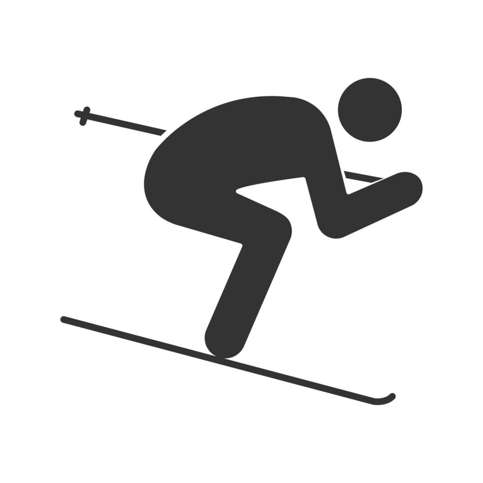 skiër glyph pictogram. skiën persoon. silhouet symbool. negatieve ruimte. vector geïsoleerde illustratie