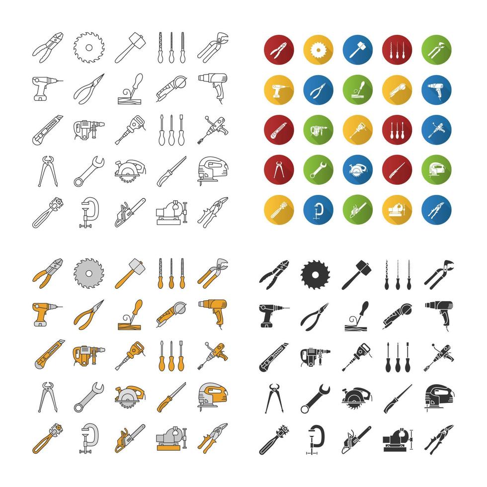 bouw tools pictogrammen instellen. renovatie en reparatie instrumenten. lineaire, platte ontwerp-, kleur- en glyph-stijlen. geïsoleerde vectorillustraties vector