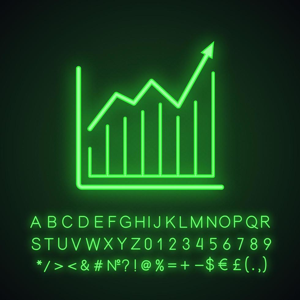 markt groei grafiek neon licht icoon. statistieken diagram. gloeiend bord met alfabet, cijfers en symbolen. vector geïsoleerde illustratie