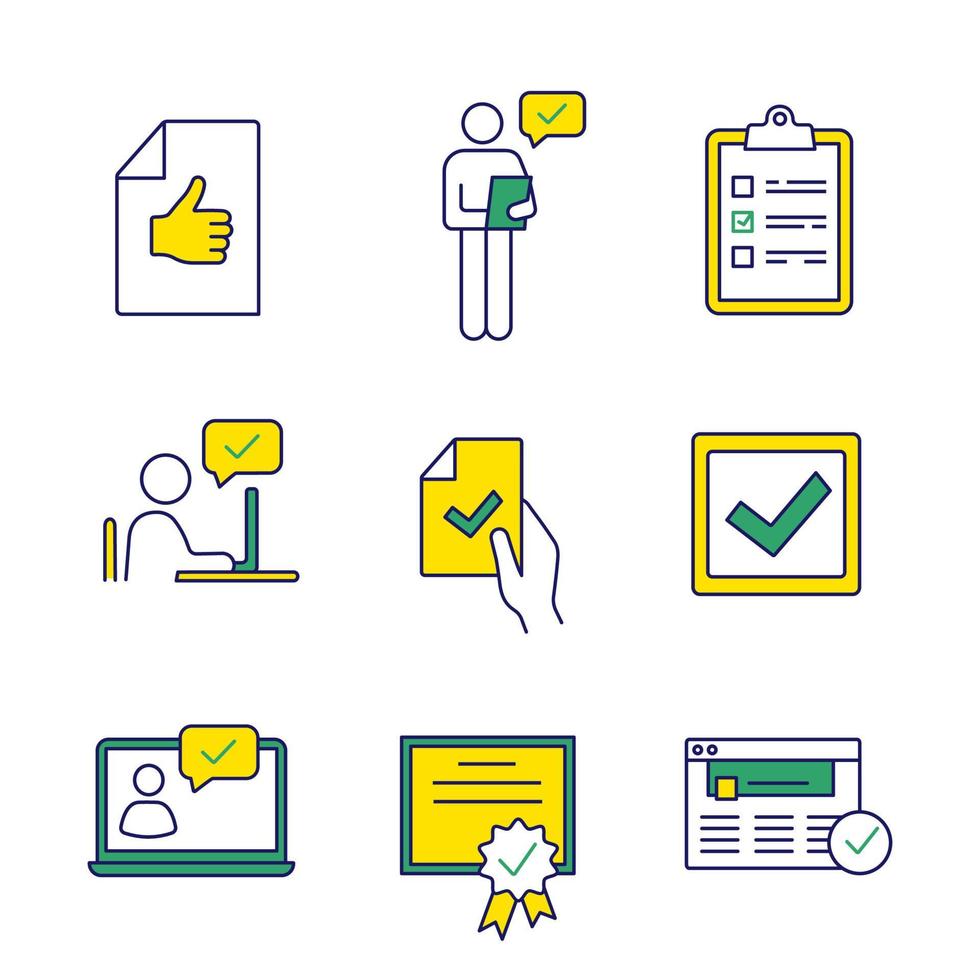 kleur pictogrammen instellen. goedkeuringsdocument, persoonscontrole, checklist, goedkeuringschat, contractondertekening, selectievakje, chatbot, certificaat, goedgekeurde website. geïsoleerde vectorillustraties vector