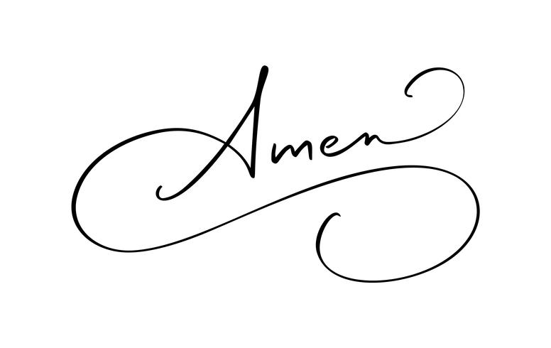 Amen vector kalligrafie bijbeltekst. Christelijke uitdrukking die op witte achtergrond wordt geïsoleerd. Hand getekend vintage belettering illustratie