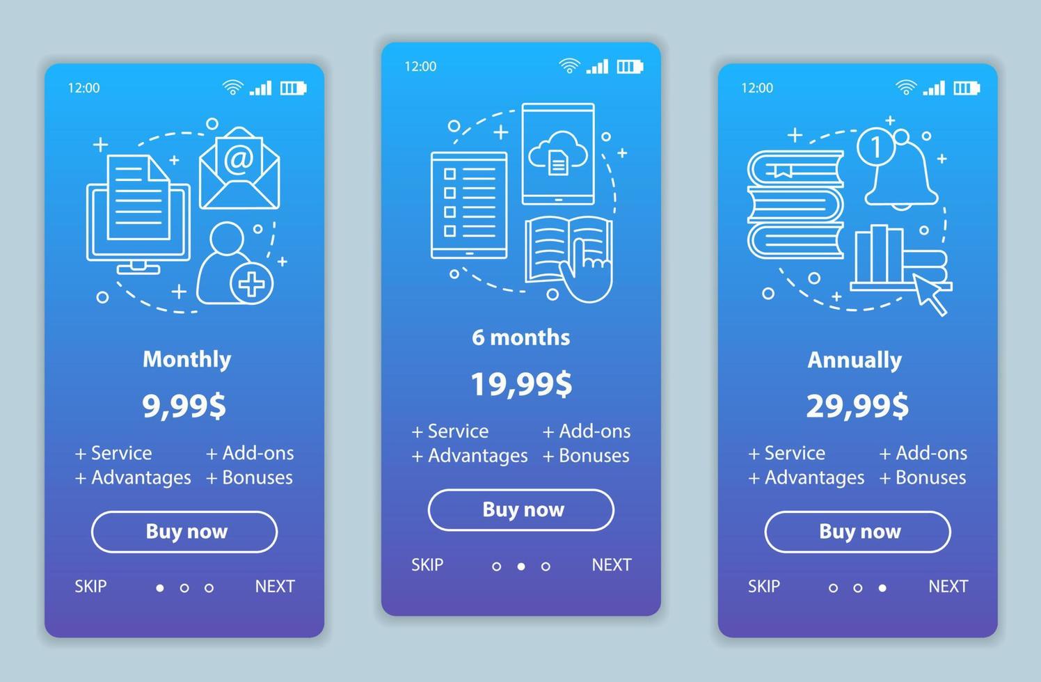 digitale bibliotheek onboarding mobiele app-schermen met serviceprijzen. walkthrough webpagina's sjablonen. e-bibliotheek tariefplannen stappen. e-boeken kosten. betaling smartphone webpagina-indeling vector