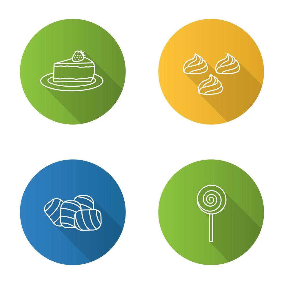 zoetwaren vlakke lineaire lange schaduw iconen set. koffiehuis menu. cheesecake, meringues, marshmallow, spiraalvormige lolly. vector overzicht illustratie
