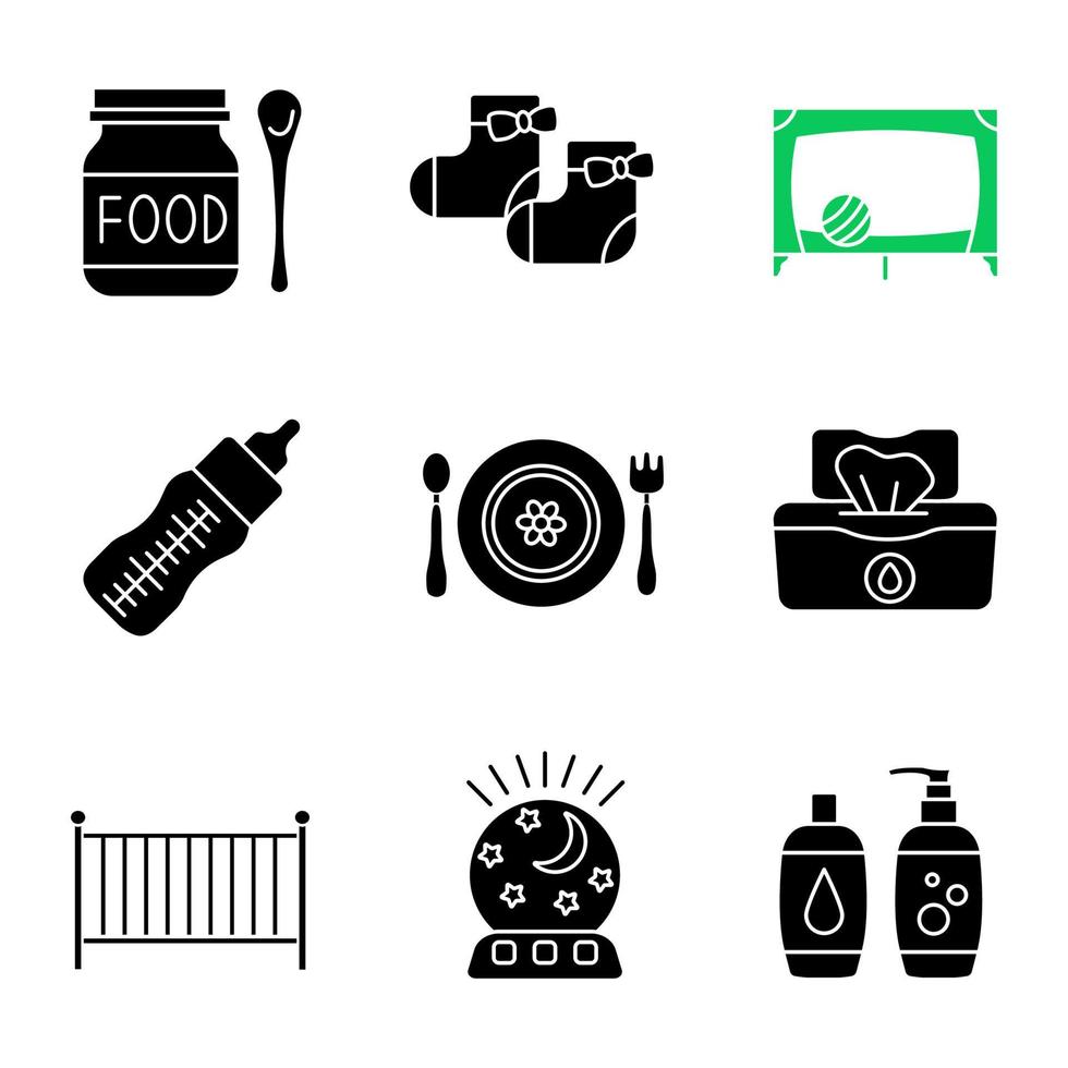 kinderopvang glyph pictogrammen instellen. babyvoeding, sokken, box, zuigfles, servies, vochtige doekjes, ledikant, nachtlampje, shampoo en zeep. silhouet symbolen. vector geïsoleerde illustratie