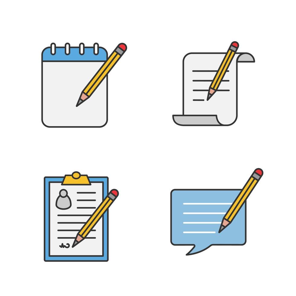 schrijven met potlood kleur pictogrammen instellen. papierrol, notitieblok, ondertekend document, bericht schrijven. geïsoleerde vectorillustraties vector
